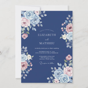 Convite Casamento Floral Romântico Navy Bloom