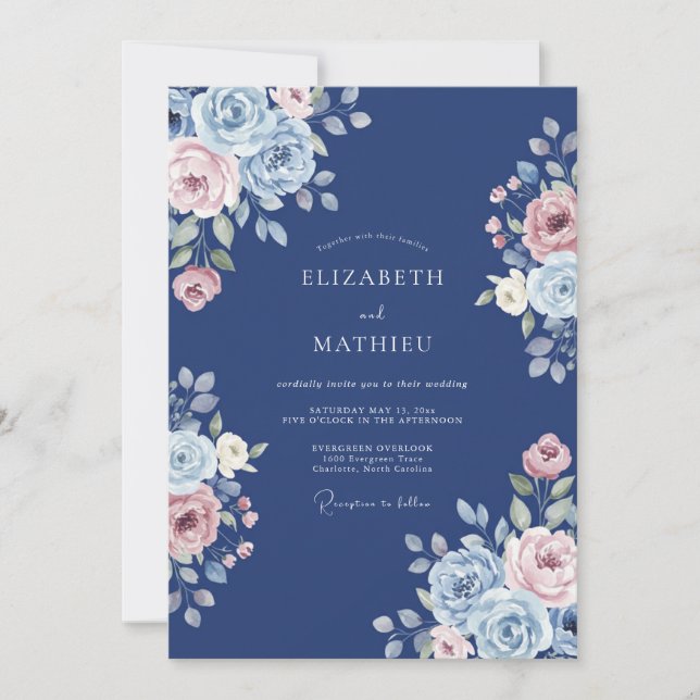 Convite Casamento Floral Romântico Navy Bloom (Frente)
