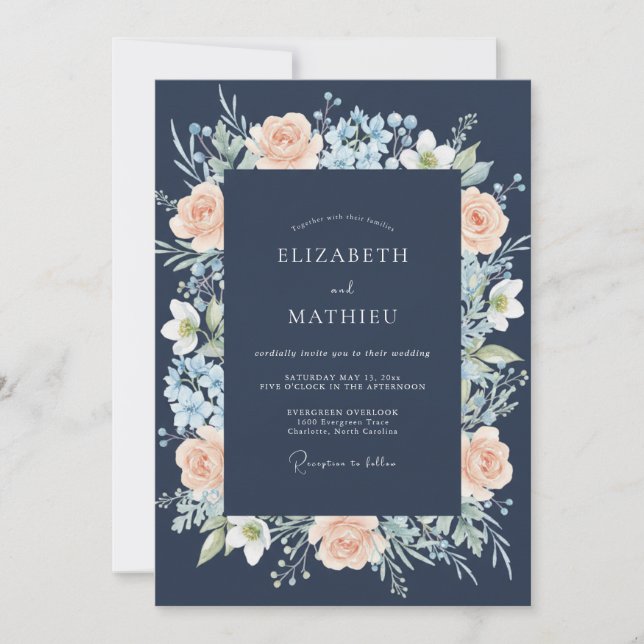 Convite Casamento Floral Romântico Navy Pêssego (Frente)