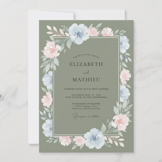 Convite Casamento Floral Romântico Oliva (Frente)