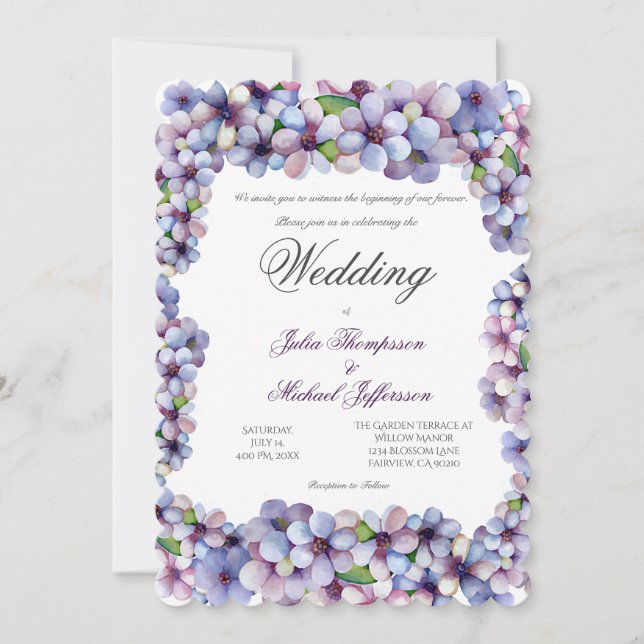 Convite Casamento Floral Romântico Poético Lilac Watercolo (Frente)