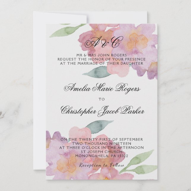 Convite Casamento Floral Romântico por Aquarela (Frente)