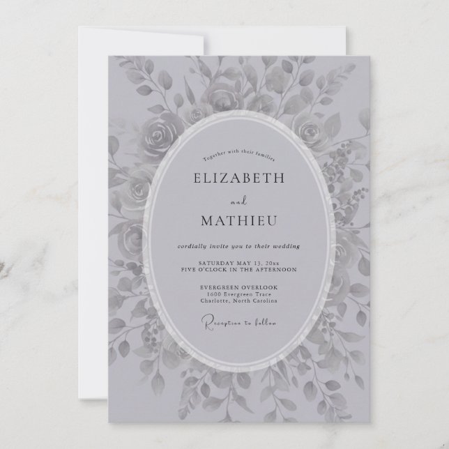 Convite Casamento Floral Romântico Prateado (Frente)