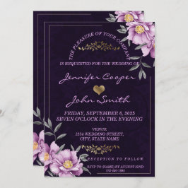 Convite Casamento Floral Romântico Púrpura Púrpura Pobre
