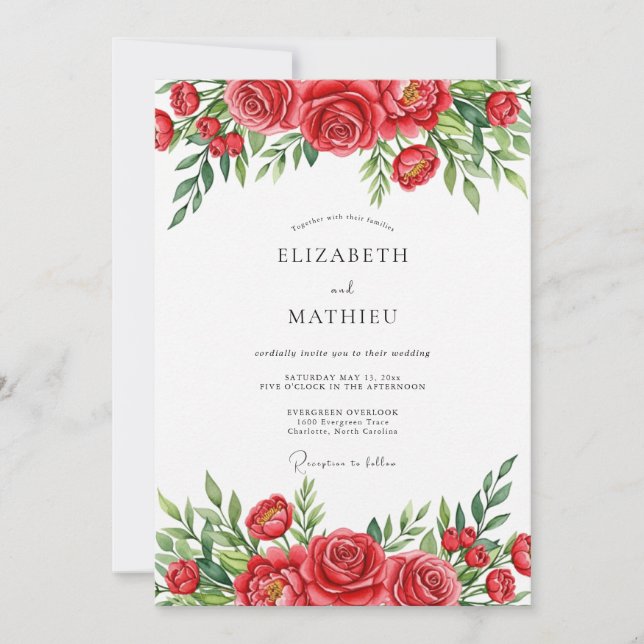 Convite Casamento Floral Romântico Red Bloom (Frente)