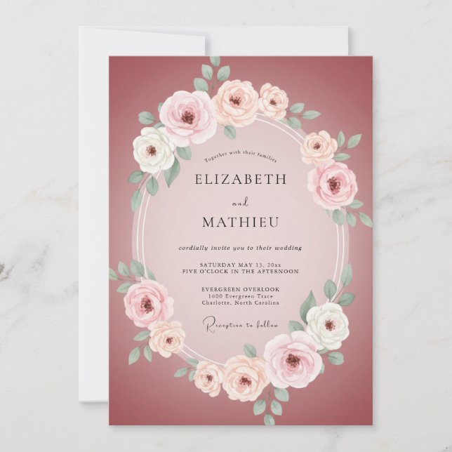 Convite Casamento Floral Romântico Rosa (Frente)