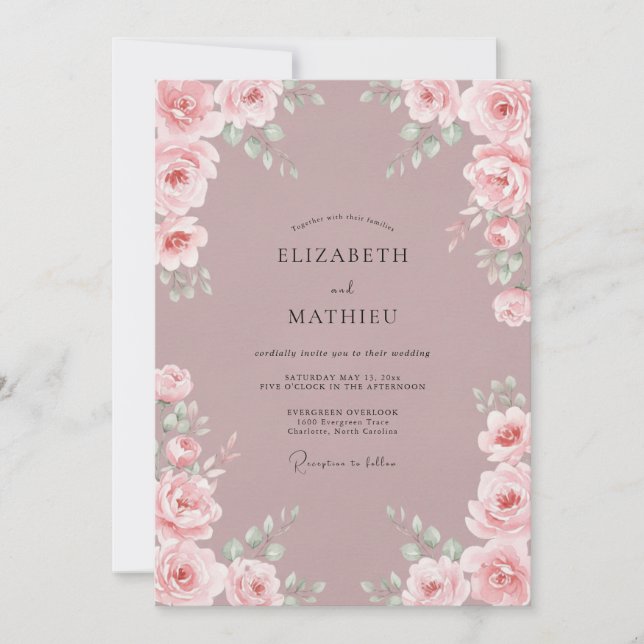 Convite Casamento Floral Romântico Rosa (Frente)