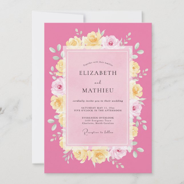 Convite Casamento Floral Romântico Rosa (Frente)