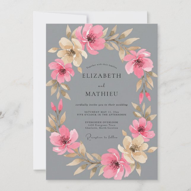 Convite Casamento Floral Romântico Rosa Cinza (Frente)