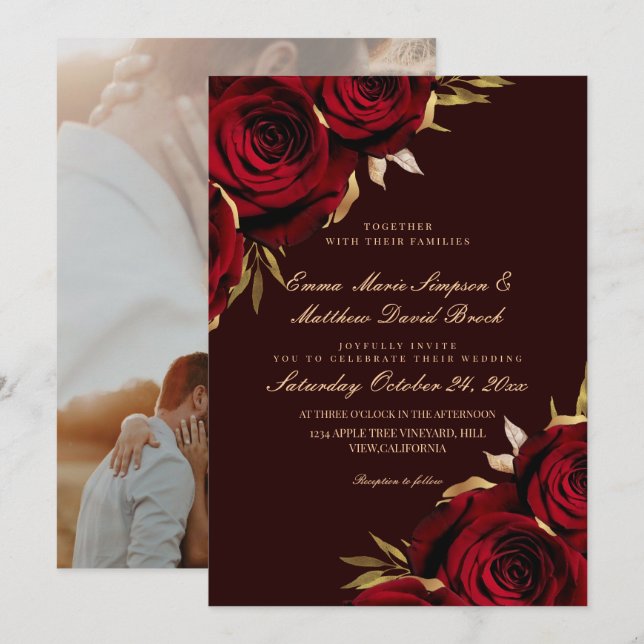 Convite Casamento Floral Romântico Rosa Dourado e Marsala (Frente/Verso)