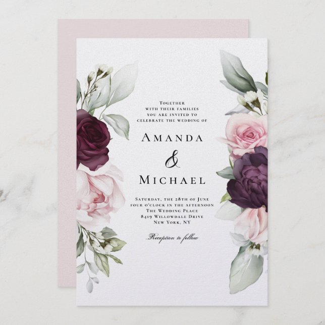 Convite Casamento Floral Romântico Rosa e Borgonha (Frente/Verso)