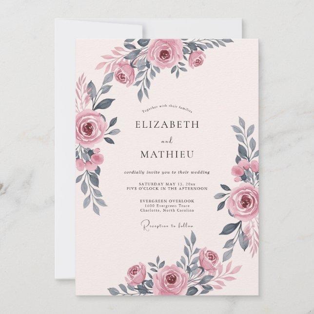 Convite Casamento Floral Romântico Rosa Malva (Frente)