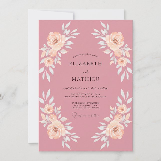 Convite Casamento Floral Romântico Rosa Rubor (Frente)