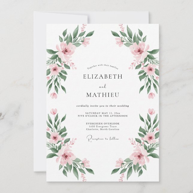 Convite Casamento Floral Romântico Rosa Suave (Frente)