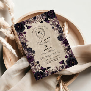 Convite Casamento Floral Romântico Roxo Escuro