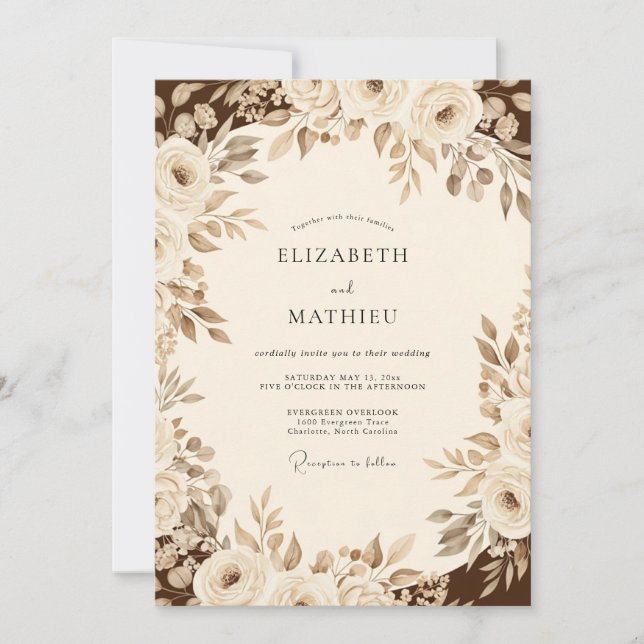 Convite Casamento Floral Romântico Sépia (Frente)