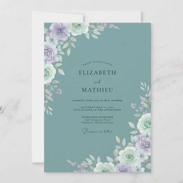 Convite Casamento Floral Romântico Sussurrante em Turquesa (Frente)