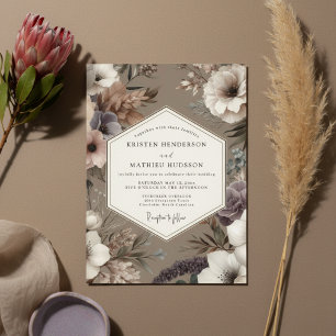 Convite Casamento Floral Romântico Taupe Moody