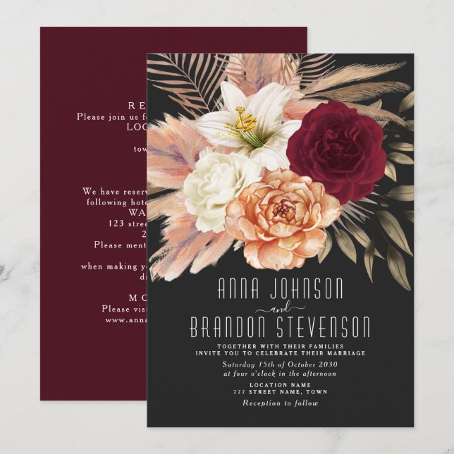 Convite Casamento Floral Romântico Temperamental (Frente/Verso)