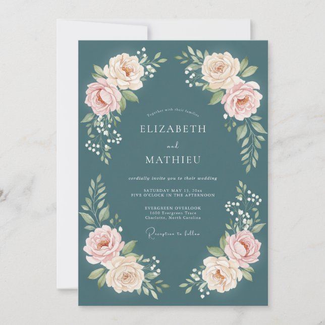 Convite Casamento Floral Romântico Turquesa (Frente)