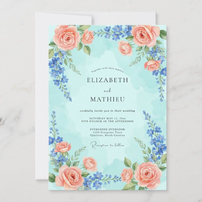 Convite Casamento Floral Romântico Turquesa (Frente)