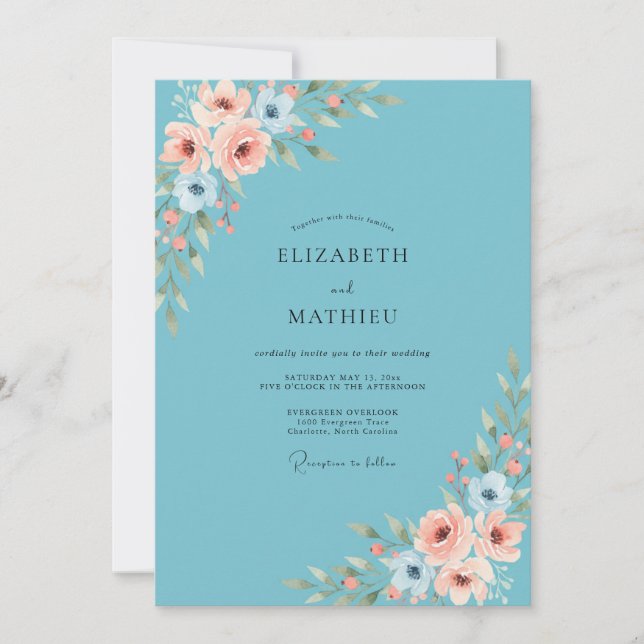 Convite Casamento Floral Romântico Turquesa de Primavera (Frente)