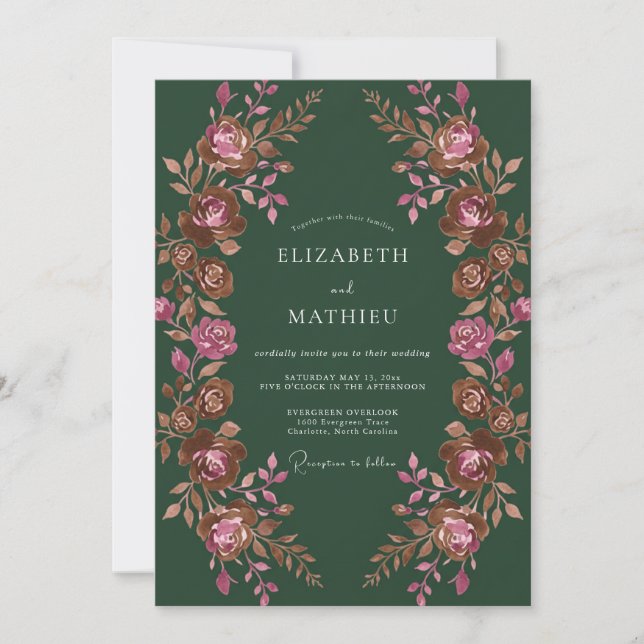 Convite Casamento Floral Romântico Verde Escuro (Frente)