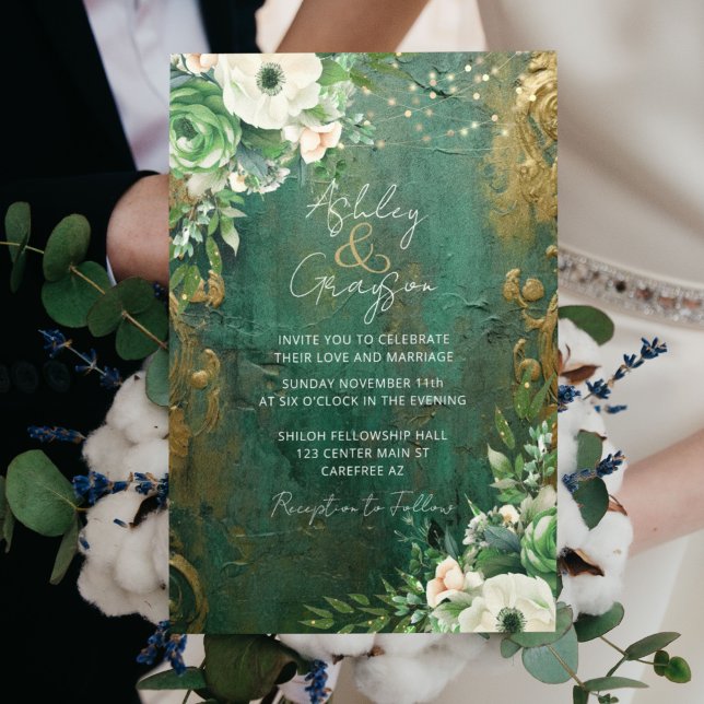 Convite Casamento Floral Romântico Verde Esmeralda (Criador carregado)