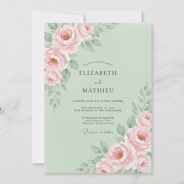Convite Casamento Floral Romântico Verde Pálido (Frente)