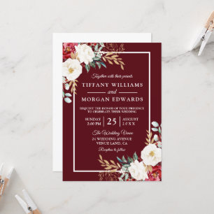 Convite Casamento Floral Romântico Vermelho Branco Elegan