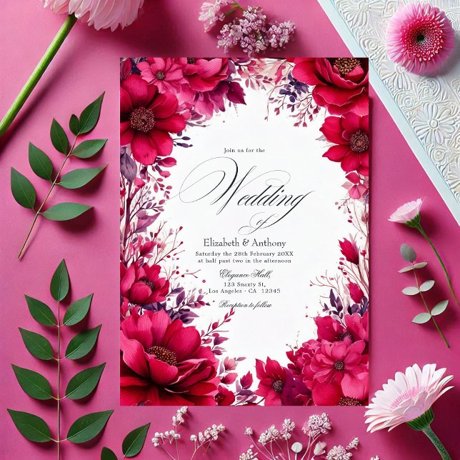 Convite Casamento Floral Romântico Viva Magenta (Romantic Viva Magenta Floral Wedding Invitation)