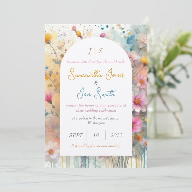 Convite Casamento floral rosa (Em pé/Frente)