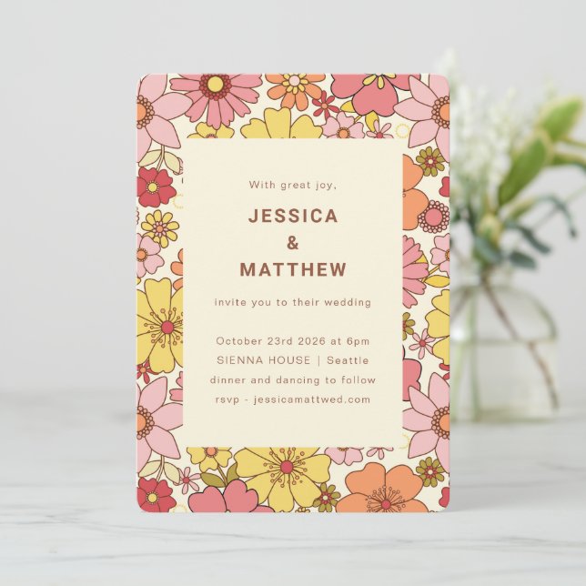 Convite Casamento Floral Rosa Amarelo Boho Retro Groovy (Em pé/Frente)