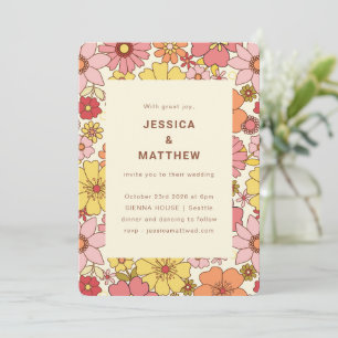 Convite Casamento Floral Rosa Amarelo Boho Retro Groovy