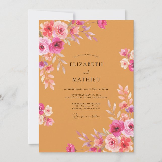 Convite Casamento Floral Rosa Âmbar (Frente)