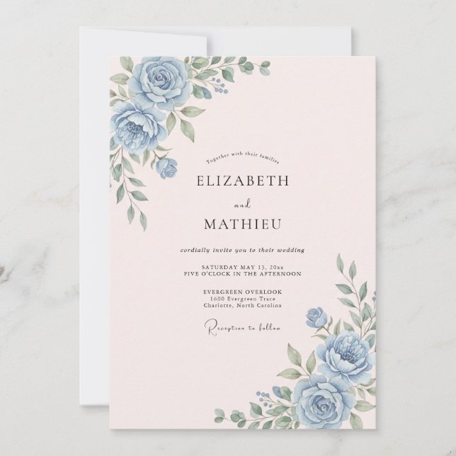 Convite Casamento Floral Rosa Azul (Frente)