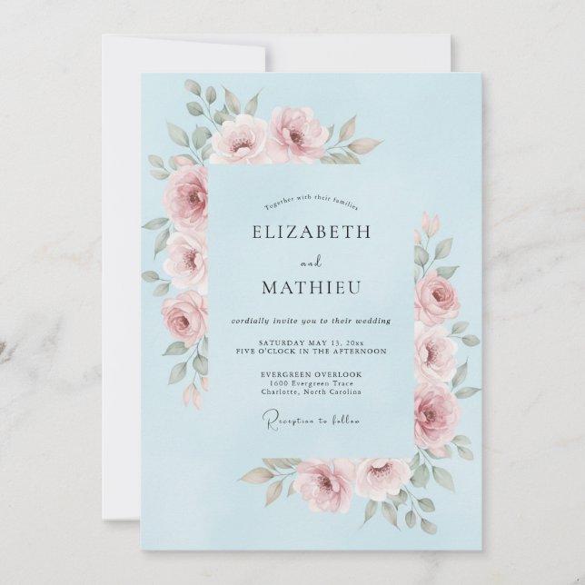 Convite Casamento Floral Rosa Azul Claro (Frente)