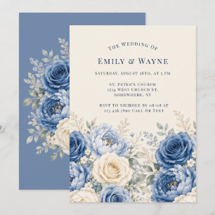 Convite Casamento Floral Rosa Azul e Creme