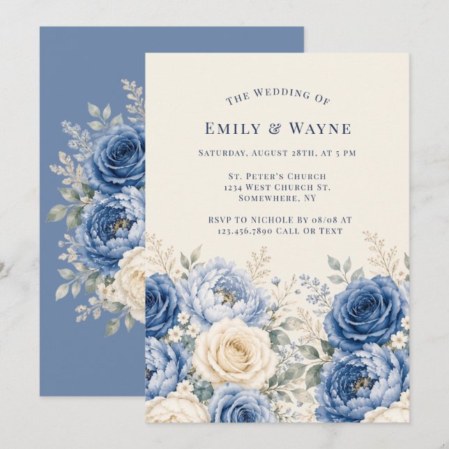 Convite Casamento Floral Rosa Azul e Creme  (Frente/Verso)