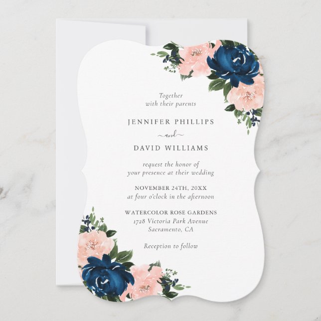 Convite Casamento Floral Rosa Azul Marinho (Frente)