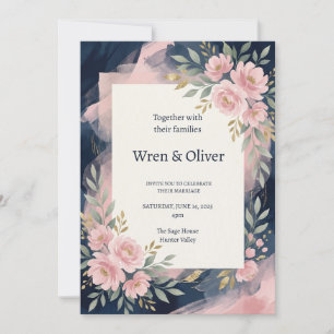 Convite Casamento Floral Rosa Azul-Marinho