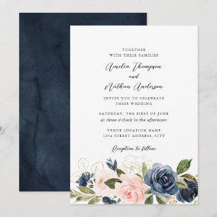 Convite Casamento Floral Rosa Azul-Marinho Dourado Luxuria