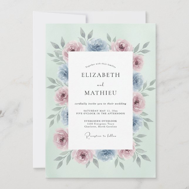 Convite Casamento Floral Rosa Azul Menta Romance (Frente)