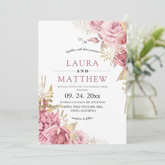 Convite Casamento Floral Rosa Bege (Em pé/Frente)
