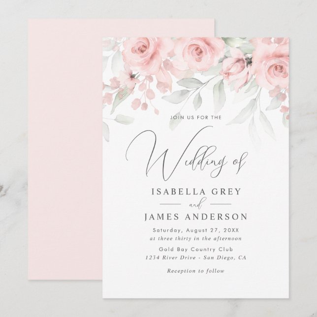 Convite Casamento Floral Rosa Bege  (Frente/Verso)