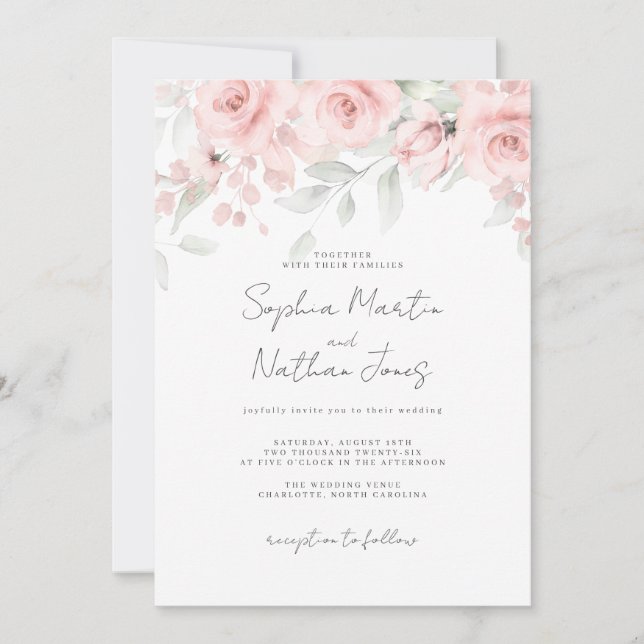Convite Casamento Floral Rosa Bege (Frente)