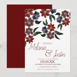 Convite Casamento Floral Rosa Bege Aquarela Borgonha Azul
