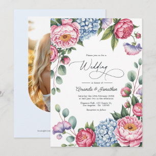 Convite Casamento Floral Rosa Bege, Azul e Lavanda