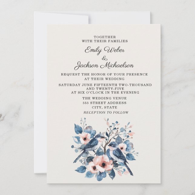 Convite Casamento Floral Rosa Bege Azul Marinho Pássaros (Frente)