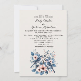 Convite Casamento Floral Rosa Bege Azul Marinho Pássaros